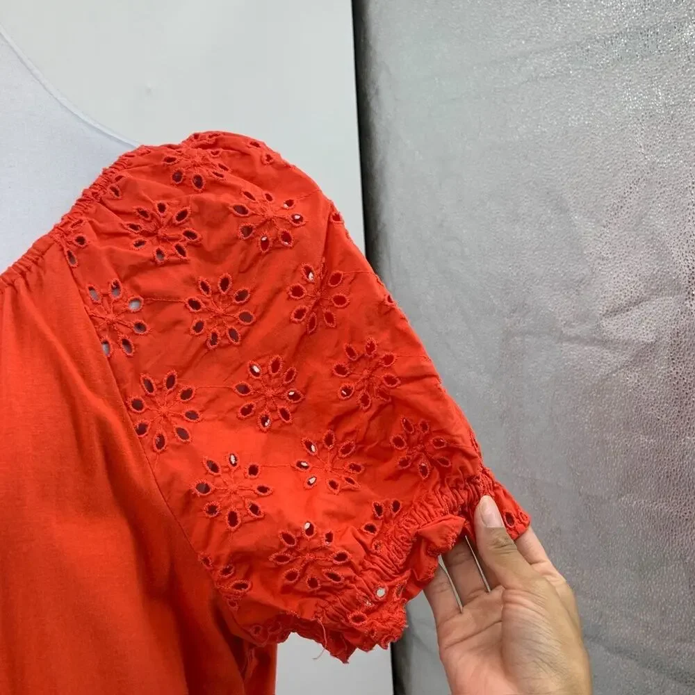 J Crew Top Womens L Large Pimento Cotton Eyelet Puff Sleeve Bow Tie Cutout Back